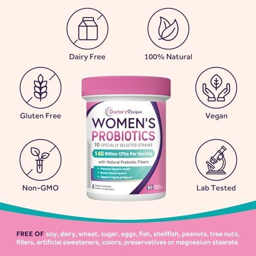 Doctor's Recipes Probiotika für Frauen, Bio-Präbiotika und Probiotika für Verdauungsgesundheit, Vaginalgesundheit, 140 Milliarden KBE, 10 Stämme, Haltbar, 60 Kapseln