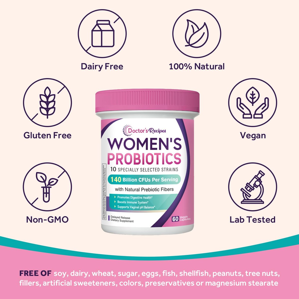 Doctor's Recipes Probiotika für Frauen, Bio-Präbiotika und Probiotika für Verdauungsgesundheit, Vaginalgesundheit, 140 Milliarden KBE, 10 Stämme, Haltbar, 60 Kapseln