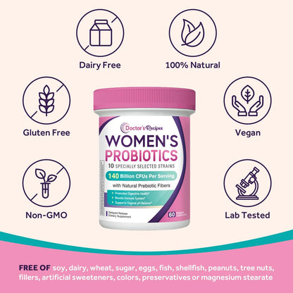 Doctor's Recipes Probiotika für Frauen, Bio-Präbiotika und Probiotika für Verdauungsgesundheit, Vaginalgesundheit, 140 Milliarden KBE, 10 Stämme, Haltbar, 60 Kapseln