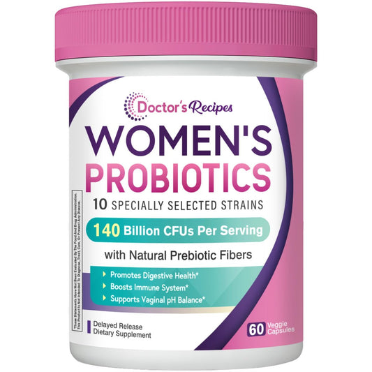 Doctor's Recipes Probiotika für Frauen, Bio-Präbiotika und Probiotika für Verdauungsgesundheit, Vaginalgesundheit, 140 Milliarden KBE, 10 Stämme, Haltbar, 60 Kapseln