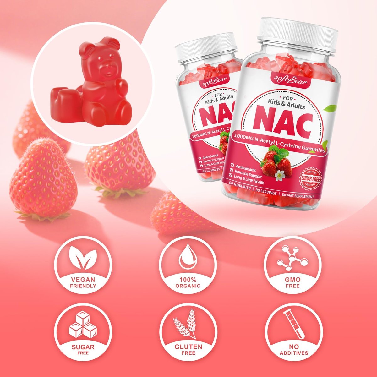 softbear NAC Gummies für Kinder und Erwachsene, NAC Nahrungsergänzungsmittel 1000 mg N-Acetylcystein, Unterstützt Lungen- und Lebergesundheit, Antioxidantien & Immunsystem, Erdbeergeschmack, 60 Stück
