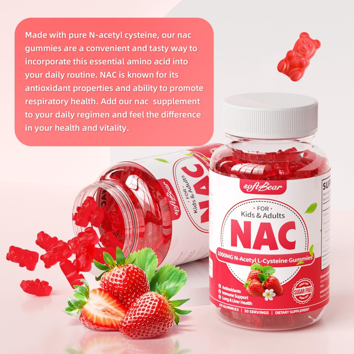 softbear NAC Gummies für Kinder und Erwachsene, NAC Nahrungsergänzungsmittel 1000 mg N-Acetylcystein, Unterstützt Lungen- und Lebergesundheit, Antioxidantien & Immunsystem, Erdbeergeschmack, 60 Stück