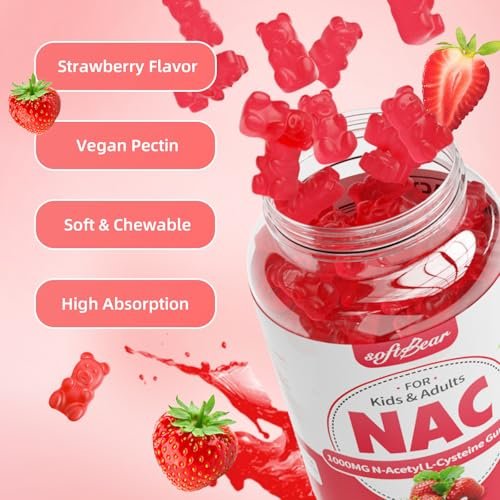 softbear NAC Gummies für Kinder und Erwachsene, NAC Nahrungsergänzungsmittel 1000 mg N-Acetylcystein, Unterstützt Lungen- und Lebergesundheit, Antioxidantien & Immunsystem, Erdbeergeschmack, 60 Stück