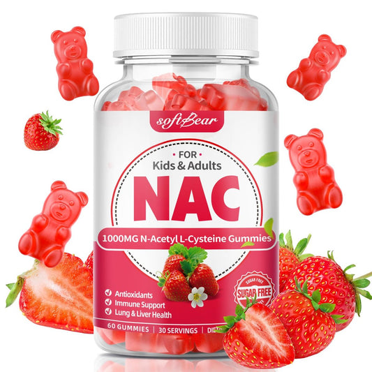 softbear NAC Gummies für Kinder und Erwachsene, NAC Nahrungsergänzungsmittel 1000 mg N-Acetylcystein, Unterstützt Lungen- und Lebergesundheit, Antioxidantien & Immunsystem, Erdbeergeschmack, 60 Stück