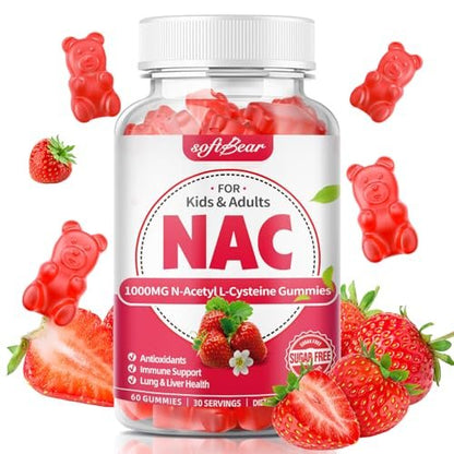 softbear NAC Gummies für Kinder und Erwachsene, NAC Nahrungsergänzungsmittel 1000 mg N-Acetylcystein, Unterstützt Lungen- und Lebergesundheit, Antioxidantien & Immunsystem, Erdbeergeschmack, 60 Stück