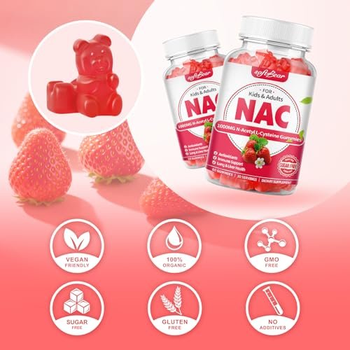 softbear NAC Gummies für Kinder und Erwachsene, NAC Nahrungsergänzungsmittel 1000 mg N-Acetylcystein, Unterstützt Lungen- und Lebergesundheit, Antioxidantien & Immunsystem, Erdbeergeschmack, 60 Stück