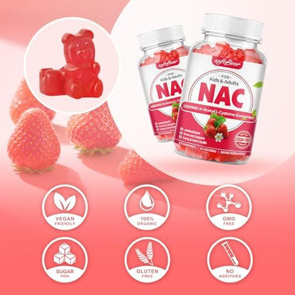 softbear NAC Gummies für Kinder und Erwachsene, NAC Nahrungsergänzungsmittel 1000 mg N-Acetylcystein, Unterstützt Lungen- und Lebergesundheit, Antioxidantien & Immunsystem, Erdbeergeschmack, 60 Stück