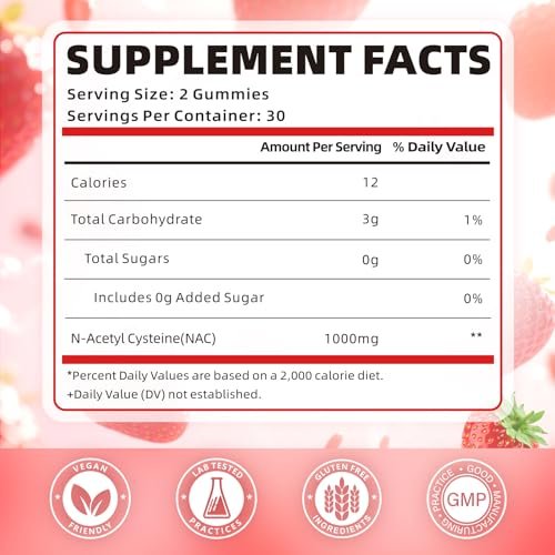 softbear NAC Gummies für Kinder und Erwachsene, NAC Nahrungsergänzungsmittel 1000 mg N-Acetylcystein, Unterstützt Lungen- und Lebergesundheit, Antioxidantien & Immunsystem, Erdbeergeschmack, 60 Stück