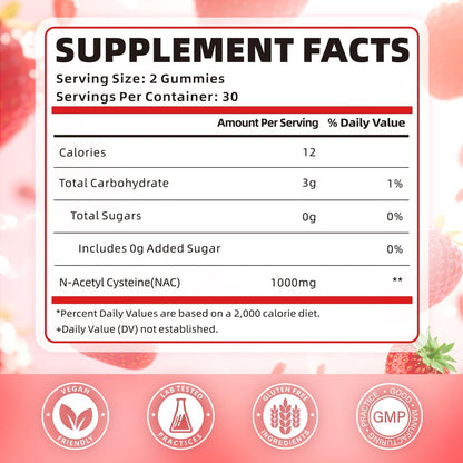 softbear NAC Gummies für Kinder und Erwachsene, NAC Nahrungsergänzungsmittel 1000 mg N-Acetylcystein, Unterstützt Lungen- und Lebergesundheit, Antioxidantien & Immunsystem, Erdbeergeschmack, 60 Stück