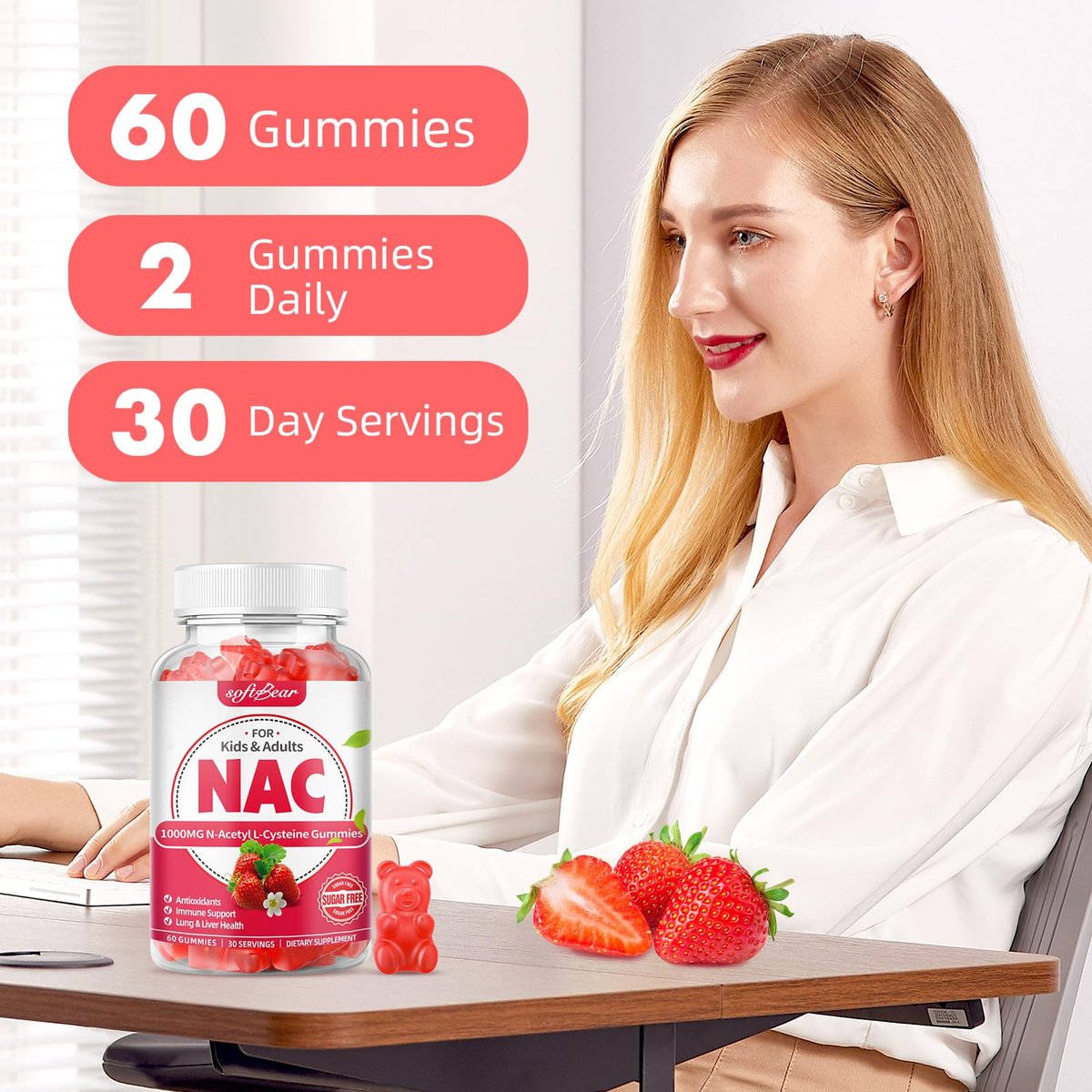softbear NAC Gummies für Kinder und Erwachsene, NAC Nahrungsergänzungsmittel 1000 mg N-Acetylcystein, Unterstützt Lungen- und Lebergesundheit, Antioxidantien & Immunsystem, Erdbeergeschmack, 60 Stück