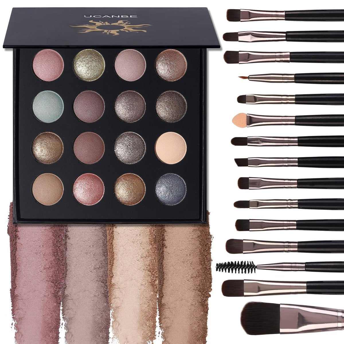 UCANBE Baked Eyeshadow Palette mit 15 Pinseln Make-up Set, 16 Farben Natürliche Nude Matte Schimmer Metallic Lidschatten Palette für Frauen, Hochpigmentiert Lang anhaltend Wasserfest