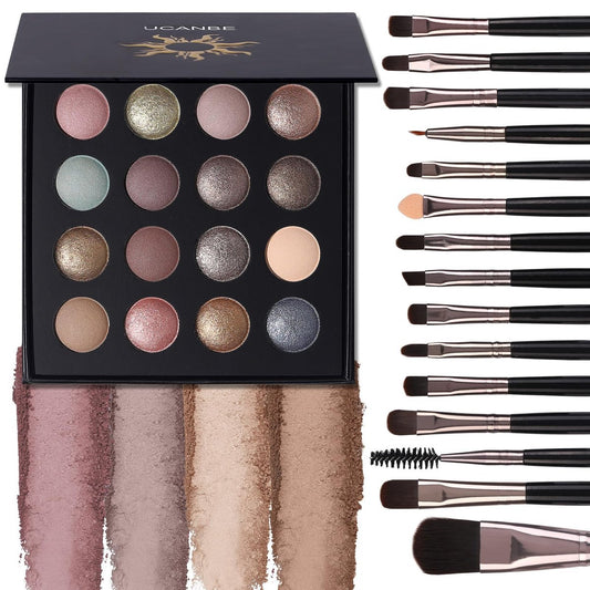 UCANBE Baked Eyeshadow Palette mit 15 Pinseln Make-up Set, 16 Farben Natürliche Nude Matte Schimmer Metallic Lidschatten Palette für Frauen, Hochpigmentiert Lang anhaltend Wasserfest