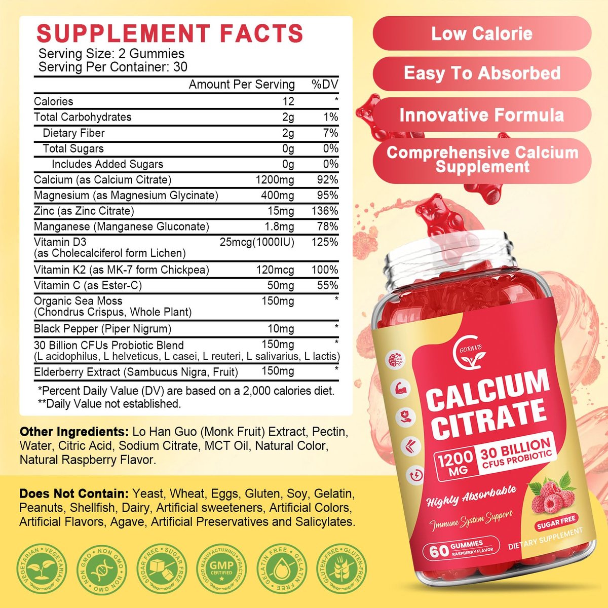 Calcium Citrat Gummis, Calcium 1200 mg mit Vitamin D3, K2, Magnesium, Zink für Knochen-, Muskel- und Immununterstützung, Hochabsorbierendes Calciumpräparat für Frauen & Männer, Himbeergeschmack, 60 Stück