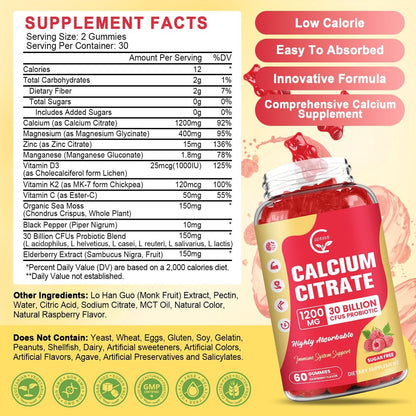 Calcium Citrat Gummis, Calcium 1200 mg mit Vitamin D3, K2, Magnesium, Zink für Knochen-, Muskel- und Immununterstützung, Hochabsorbierendes Calciumpräparat für Frauen & Männer, Himbeergeschmack, 60 Stück