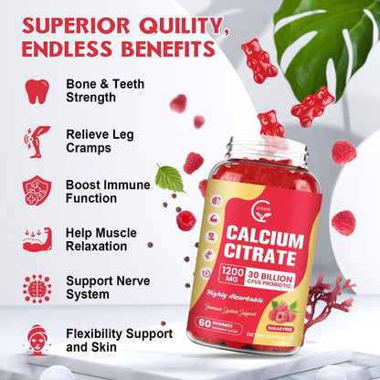 Calcium Citrat Gummis, Calcium 1200 mg mit Vitamin D3, K2, Magnesium, Zink für Knochen-, Muskel- und Immununterstützung, Hochabsorbierendes Calciumpräparat für Frauen & Männer, Himbeergeschmack, 60 Stück