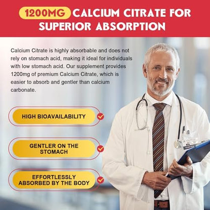 Calcium Citrat Gummis, Calcium 1200 mg mit Vitamin D3, K2, Magnesium, Zink für Knochen-, Muskel- und Immununterstützung, Hochabsorbierendes Calciumpräparat für Frauen & Männer, Himbeergeschmack, 60 Stück