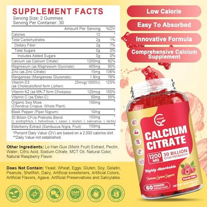 Calcium Citrat Gummis, Calcium 1200 mg mit Vitamin D3, K2, Magnesium, Zink für Knochen-, Muskel- und Immununterstützung, Hochabsorbierendes Calciumpräparat für Frauen & Männer, Himbeergeschmack, 60 Stück