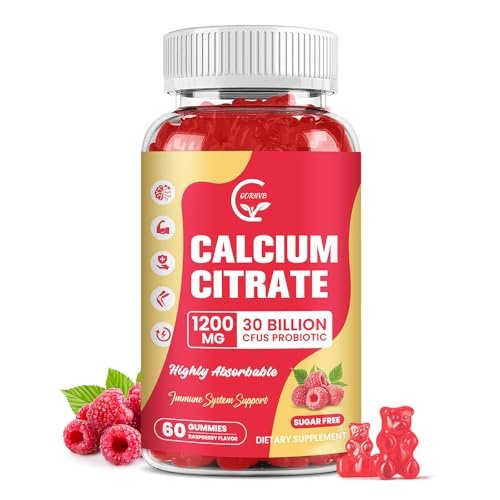 Calcium Citrat Gummis, Calcium 1200 mg mit Vitamin D3, K2, Magnesium, Zink für Knochen-, Muskel- und Immununterstützung, Hochabsorbierendes Calciumpräparat für Frauen & Männer, Himbeergeschmack, 60 Stück