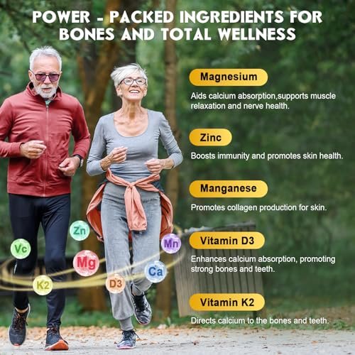 Calcium Citrat Gummis, Calcium 1200 mg mit Vitamin D3, K2, Magnesium, Zink für Knochen-, Muskel- und Immununterstützung, Hochabsorbierendes Calciumpräparat für Frauen & Männer, Himbeergeschmack, 60 Stück
