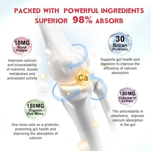 Calcium Citrat Gummis, Calcium 1200 mg mit Vitamin D3, K2, Magnesium, Zink für Knochen-, Muskel- und Immununterstützung, Hochabsorbierendes Calciumpräparat für Frauen & Männer, Himbeergeschmack, 60 Stück