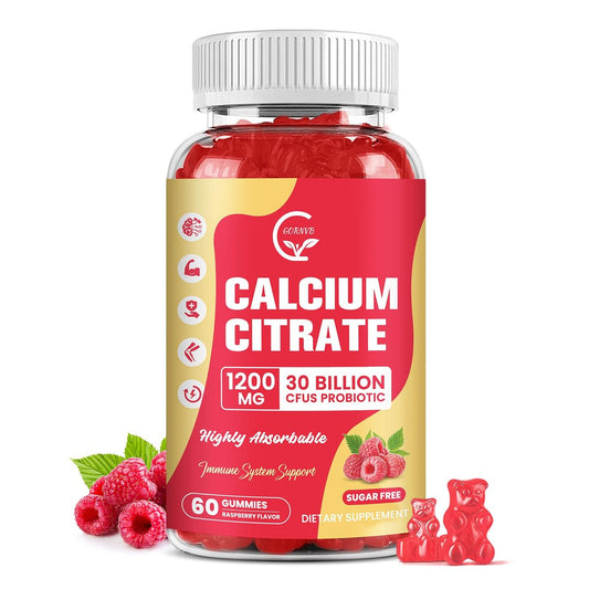 Calcium Citrat Gummis, Calcium 1200 mg mit Vitamin D3, K2, Magnesium, Zink für Knochen-, Muskel- und Immununterstützung, Hochabsorbierendes Calciumpräparat für Frauen & Männer, Himbeergeschmack, 60 Stück