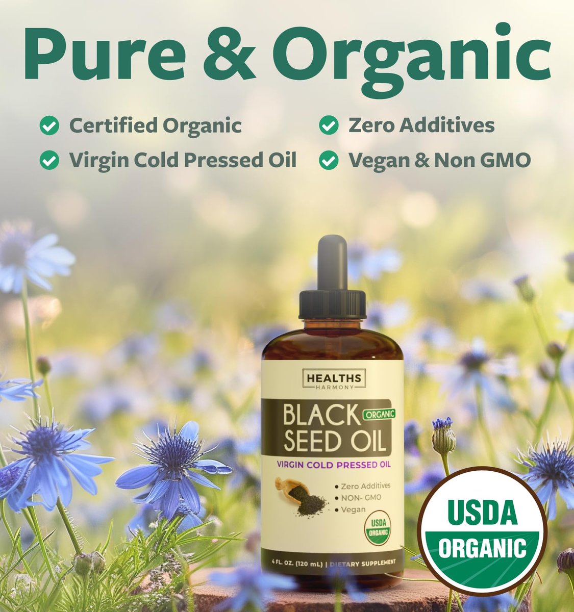 USDA Bio Schwarzkümmelöl flüssig (118 ml) – Kaltgepresstes Nigella Sativa Bio-Öl, Antioxidans, Vegan, Glutenfrei, Non-GMO