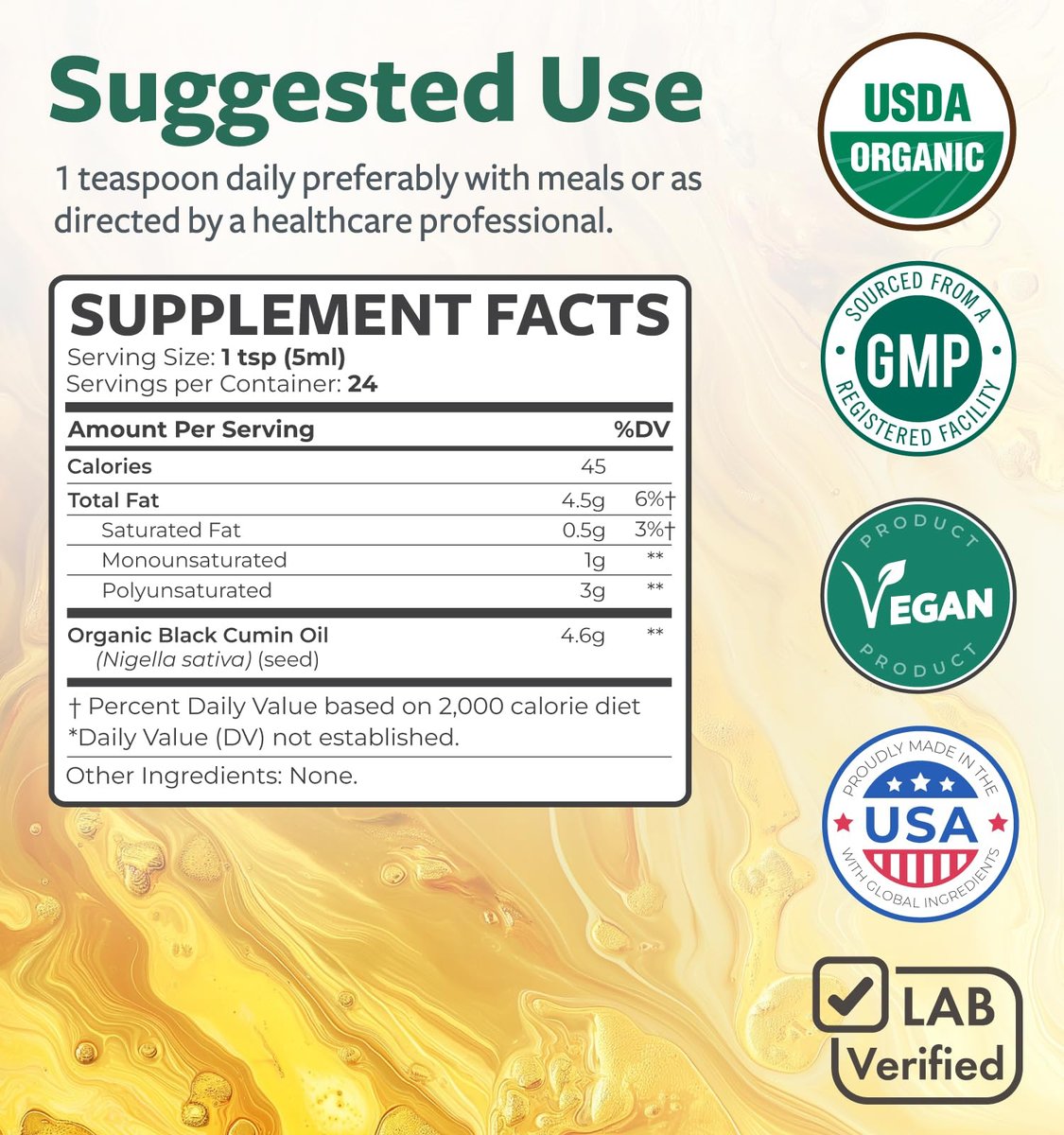 USDA Bio Schwarzkümmelöl flüssig (118 ml) – Kaltgepresstes Nigella Sativa Bio-Öl, Antioxidans, Vegan, Glutenfrei, Non-GMO