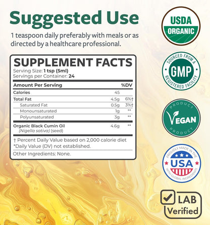 USDA Bio Schwarzkümmelöl flüssig (118 ml) – Kaltgepresstes Nigella Sativa Bio-Öl, Antioxidans, Vegan, Glutenfrei, Non-GMO