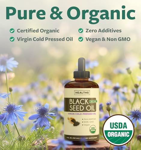 USDA Bio Schwarzkümmelöl flüssig (118 ml) – Kaltgepresstes Nigella Sativa Bio-Öl, Antioxidans, Vegan, Glutenfrei, Non-GMO
