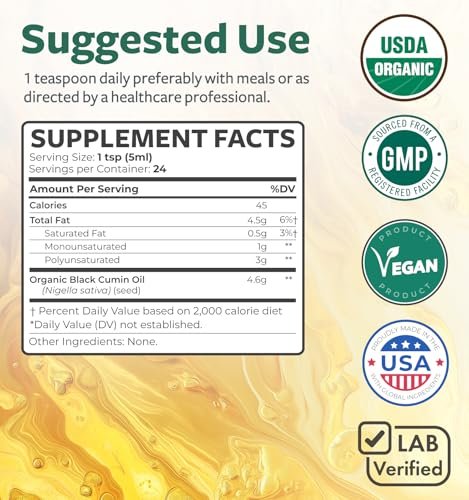 USDA Bio Schwarzkümmelöl flüssig (118 ml) – Kaltgepresstes Nigella Sativa Bio-Öl, Antioxidans, Vegan, Glutenfrei, Non-GMO