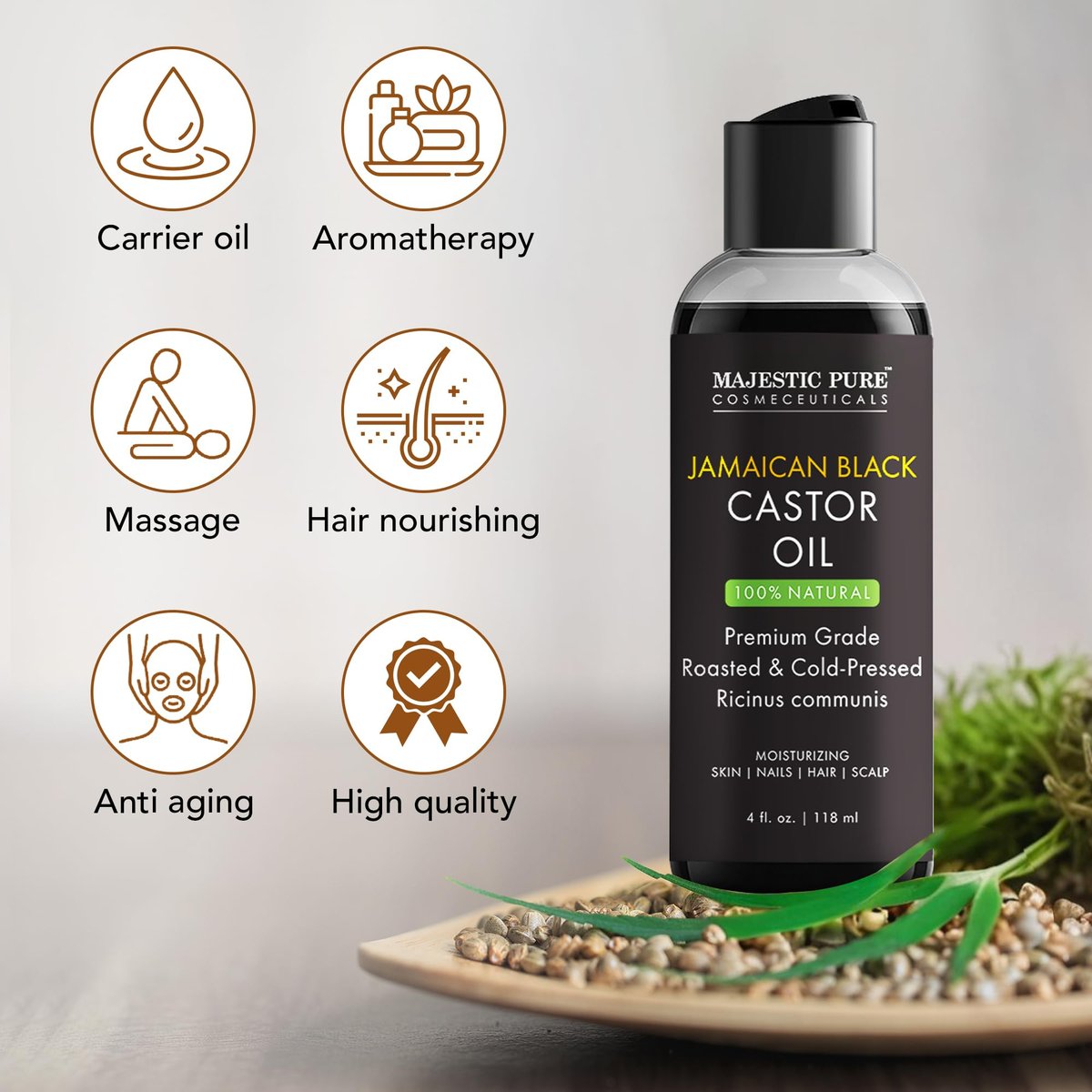 Majestic Pure Jamaican Black Castor Oil - 100% rein & natürlich - Premiumqualität, kaltgepresst, hexanfrei - für Haare, Wimpern, Augenbrauen, Nägel - feuchtigkeitsspendend & pflegend - 118 ml