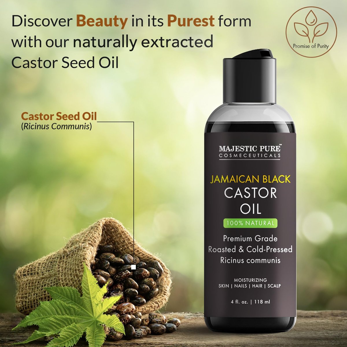 Majestic Pure Jamaican Black Castor Oil - 100% rein & natürlich - Premiumqualität, kaltgepresst, hexanfrei - für Haare, Wimpern, Augenbrauen, Nägel - feuchtigkeitsspendend & pflegend - 118 ml