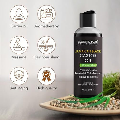 Majestic Pure Jamaican Black Castor Oil - 100% rein & natürlich - Premiumqualität, kaltgepresst, hexanfrei - für Haare, Wimpern, Augenbrauen, Nägel - feuchtigkeitsspendend & pflegend - 118 ml