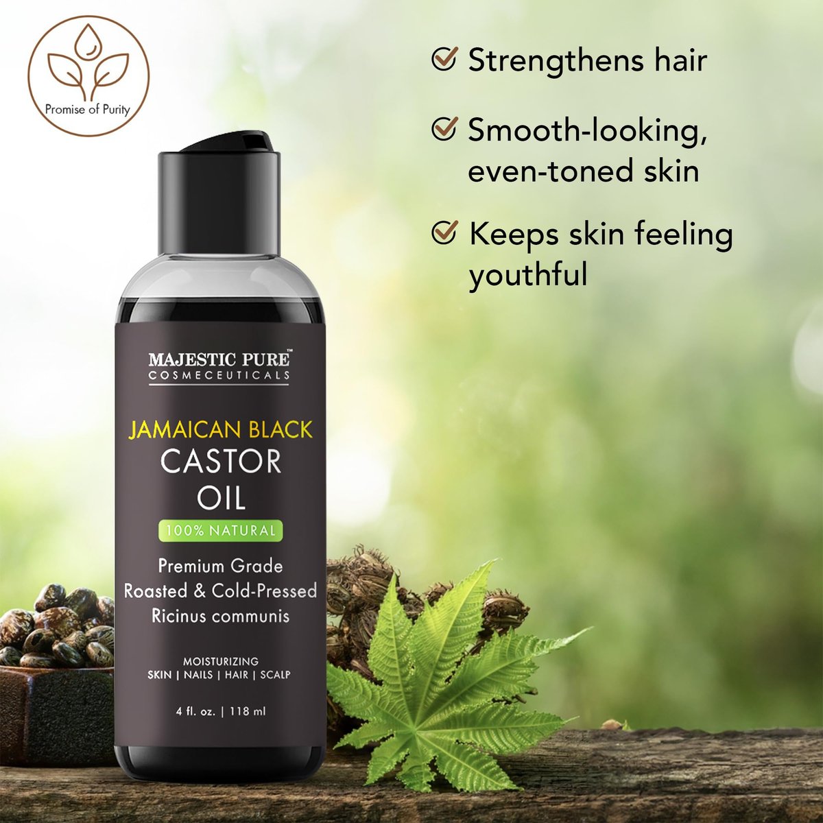 Majestic Pure Jamaican Black Castor Oil - 100% rein & natürlich - Premiumqualität, kaltgepresst, hexanfrei - für Haare, Wimpern, Augenbrauen, Nägel - feuchtigkeitsspendend & pflegend - 118 ml