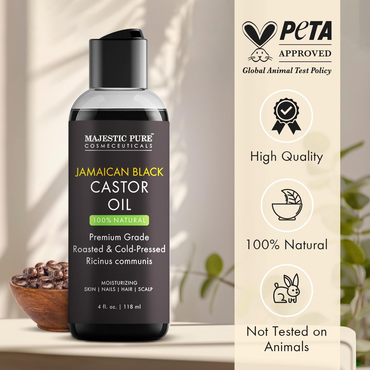 Majestic Pure Jamaican Black Castor Oil - 100% rein & natürlich - Premiumqualität, kaltgepresst, hexanfrei - für Haare, Wimpern, Augenbrauen, Nägel - feuchtigkeitsspendend & pflegend - 118 ml