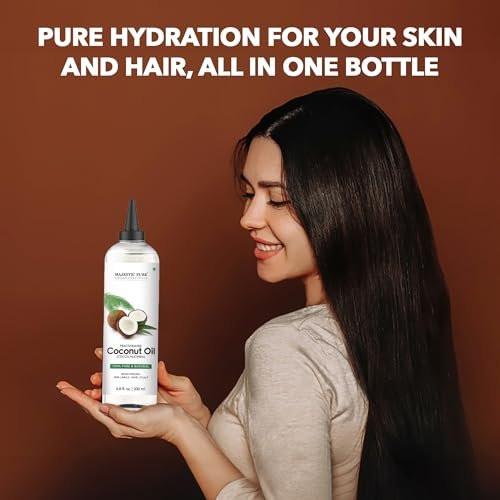 Majestic Pure Fraktioniertes Kokosöl – Entspannendes Massageöl, flüssiges Trägeröl zum Verdünnen ätherischer Öle – Feuchtigkeitsspender und Pflege für Haut, Lippen, Körper und Haar – 200 ml
