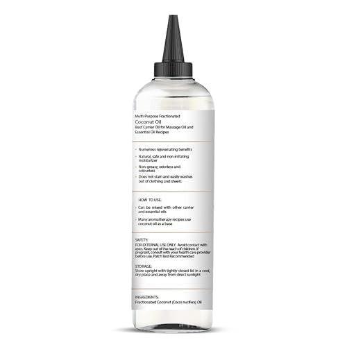 Majestic Pure Fraktioniertes Kokosöl – Entspannendes Massageöl, flüssiges Trägeröl zum Verdünnen ätherischer Öle – Feuchtigkeitsspender und Pflege für Haut, Lippen, Körper und Haar – 200 ml