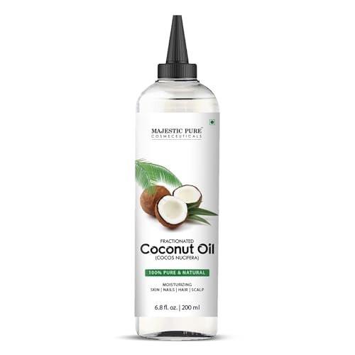 Majestic Pure Fraktioniertes Kokosöl – Entspannendes Massageöl, flüssiges Trägeröl zum Verdünnen ätherischer Öle – Feuchtigkeitsspender und Pflege für Haut, Lippen, Körper und Haar – 200 ml