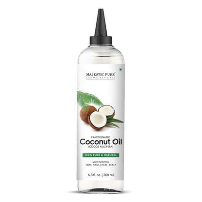 Majestic Pure Fraktioniertes Kokosöl – Entspannendes Massageöl, flüssiges Trägeröl zum Verdünnen ätherischer Öle – Feuchtigkeitsspender und Pflege für Haut, Lippen, Körper und Haar – 200 ml