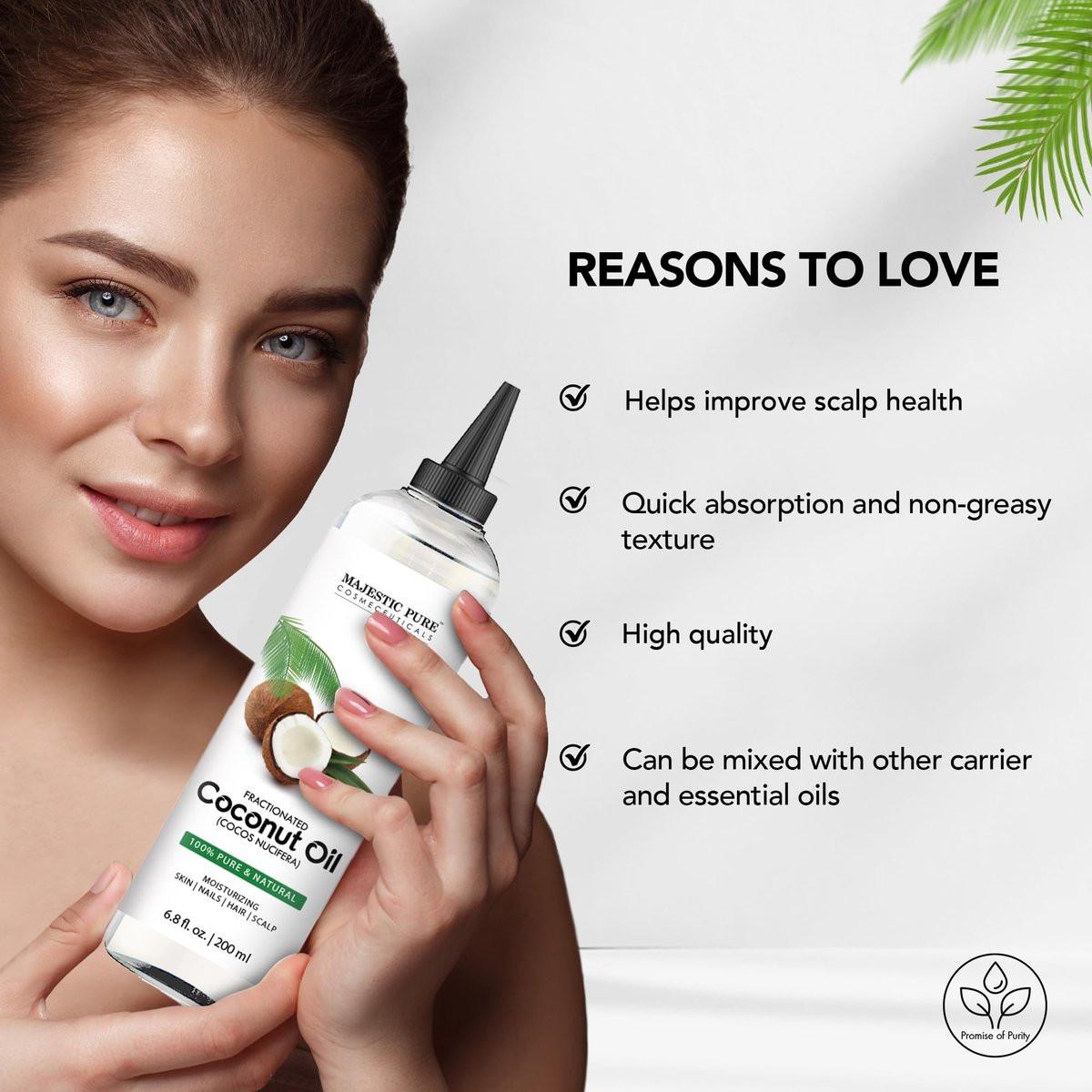 Majestic Pure Fraktioniertes Kokosöl – Entspannendes Massageöl, flüssiges Trägeröl zum Verdünnen ätherischer Öle – Feuchtigkeitsspender und Pflege für Haut, Lippen, Körper und Haar – 200 ml