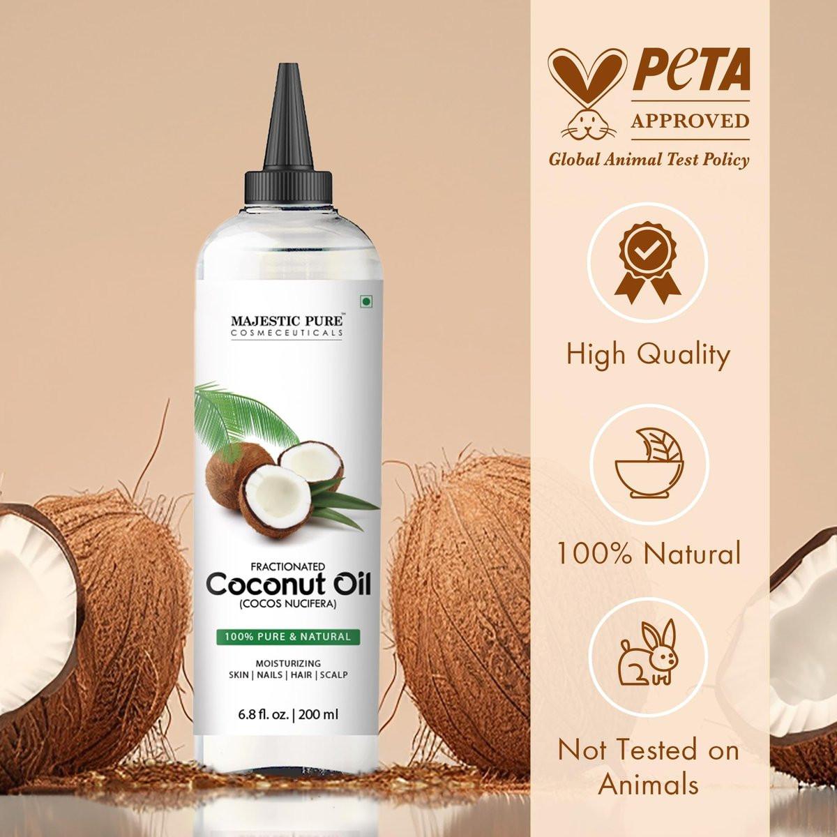 Majestic Pure Fraktioniertes Kokosöl – Entspannendes Massageöl, flüssiges Trägeröl zum Verdünnen ätherischer Öle – Feuchtigkeitsspender und Pflege für Haut, Lippen, Körper und Haar – 200 ml