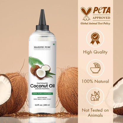 Majestic Pure Fraktioniertes Kokosöl – Entspannendes Massageöl, flüssiges Trägeröl zum Verdünnen ätherischer Öle – Feuchtigkeitsspender und Pflege für Haut, Lippen, Körper und Haar – 200 ml