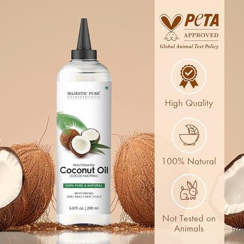 Majestic Pure Fraktioniertes Kokosöl – Entspannendes Massageöl, flüssiges Trägeröl zum Verdünnen ätherischer Öle – Feuchtigkeitsspender und Pflege für Haut, Lippen, Körper und Haar – 200 ml