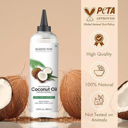 Majestic Pure Fraktioniertes Kokosöl – Entspannendes Massageöl, flüssiges Trägeröl zum Verdünnen ätherischer Öle – Feuchtigkeitsspender und Pflege für Haut, Lippen, Körper und Haar – 200 ml