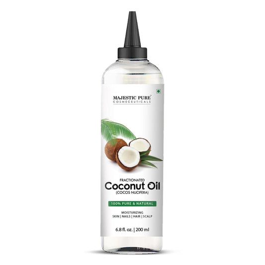 Majestic Pure Fraktioniertes Kokosöl – Entspannendes Massageöl, flüssiges Trägeröl zum Verdünnen ätherischer Öle – Feuchtigkeitsspender und Pflege für Haut, Lippen, Körper und Haar – 200 ml