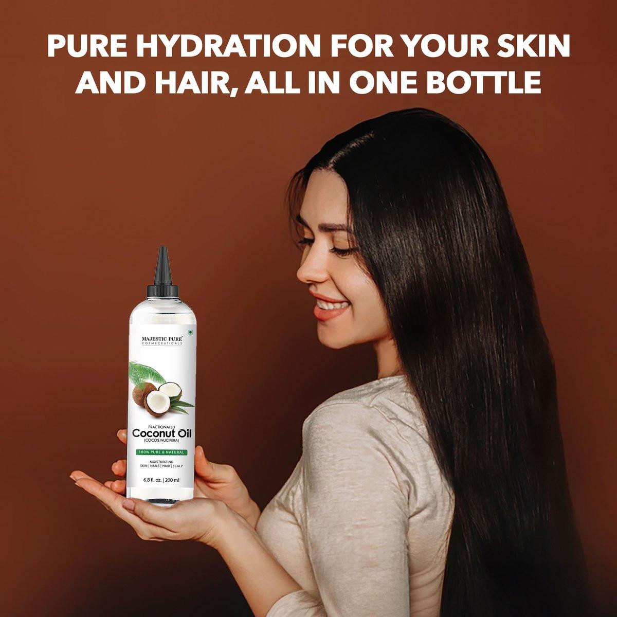 Majestic Pure Fraktioniertes Kokosöl – Entspannendes Massageöl, flüssiges Trägeröl zum Verdünnen ätherischer Öle – Feuchtigkeitsspender und Pflege für Haut, Lippen, Körper und Haar – 200 ml
