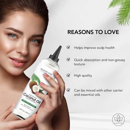 Majestic Pure Fraktioniertes Kokosöl – Entspannendes Massageöl, flüssiges Trägeröl zum Verdünnen ätherischer Öle – Feuchtigkeitsspender und Pflege für Haut, Lippen, Körper und Haar – 200 ml