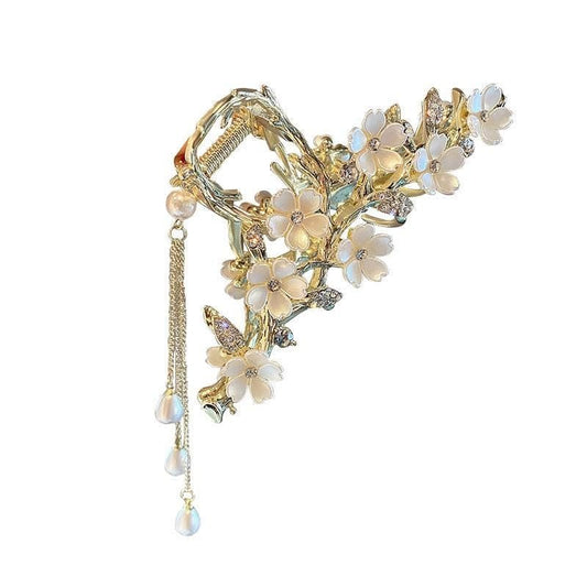 KEMMINTVN Eleganter floraler Haarklip mit Perlenquaste, Gold Maiglöckchen-Design mit herabhängenden Perlen, Temperament-Perlen-Haarklip für den Hinterkopf, Hai-Clip
