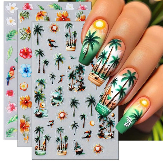 IDDFEVE Sommer Palmenbaum-Nagelaufkleber - Flamingo Tropical Beach selbstklebende Nagel-Dekore für DIY Papageien-Kokosnussbaum-Maniküre (3 Blatt)