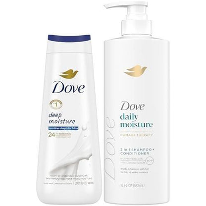 Dove 2-in-1 Shampoo & Conditioner + Daily Moisture Body Wash – Tiefenhydratation für trockenes Haar und Haut (2er Set)